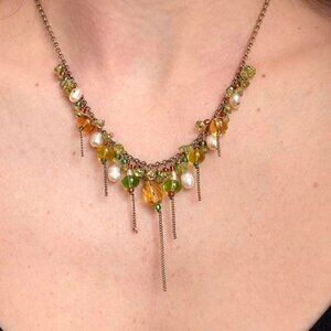 Gold tone Green and yellow beaded drop dangle necklace w pearl accents